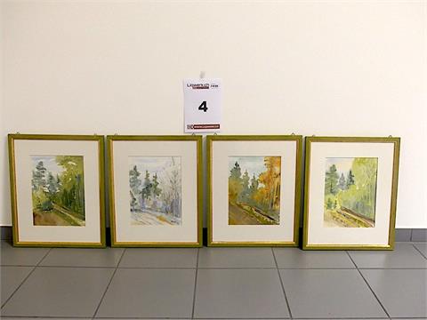 004) 4 Aquarell Gemälde Waldmotiven